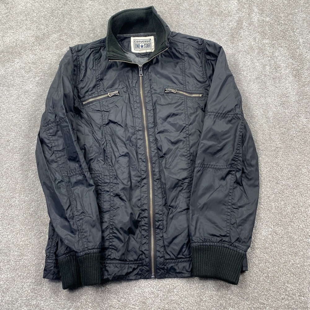 Converse One Star Jacket Mens Small Black Nylon Full Zip Ribbed Utility Bomber